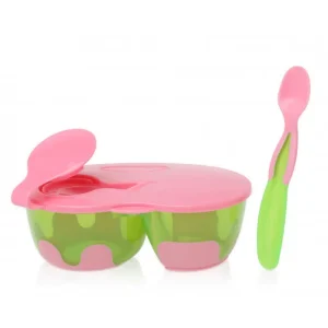 BOL DOUBLE ANTIDÉRAPANT AVEC COUVERCLE ET CUILLÈRE EN ROSE ET VERT – kiokids