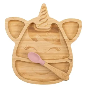 Assiette en Bambou Licorne AVEC ventouse et cuillère Rose – CITRON